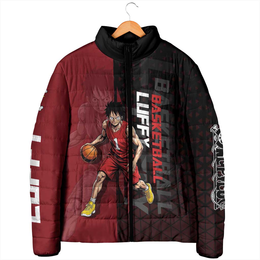 Luffy One Piece Basketball Theme Red and Black Design Padded Jacket with Straw Hat Pirate Logo and Sports Pose - The Mazicc