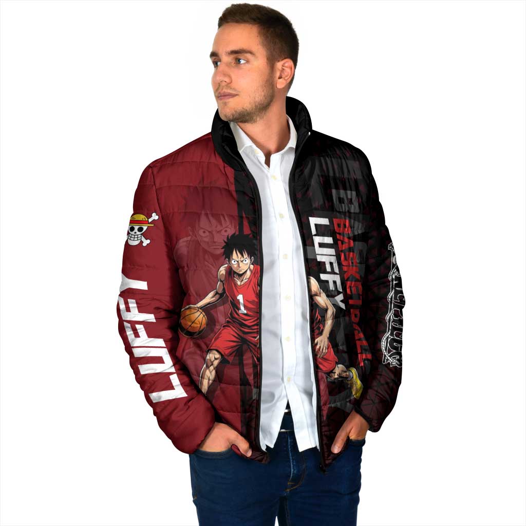 Luffy One Piece Basketball Theme Red and Black Design Padded Jacket with Straw Hat Pirate Logo and Sports Pose - The Mazicc