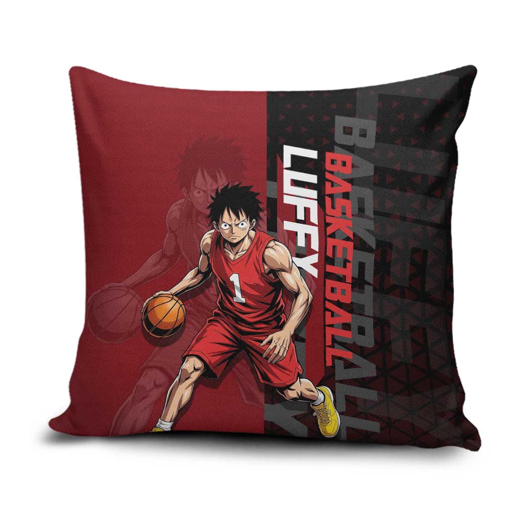 Luffy One Piece Basketball Theme Red and Black Design Pillow Cover with Straw Hat Pirate Logo and Sports Pose - The Mazicc