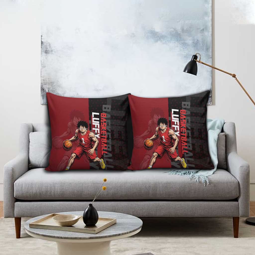 Luffy One Piece Basketball Theme Red and Black Design Pillow Cover with Straw Hat Pirate Logo and Sports Pose - The Mazicc