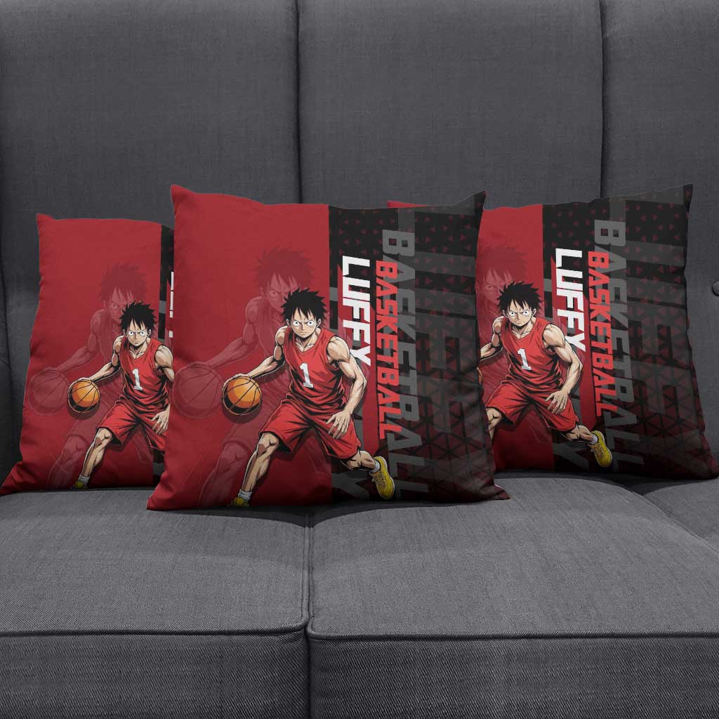 Luffy One Piece Basketball Theme Red and Black Design Pillow Cover with Straw Hat Pirate Logo and Sports Pose - The Mazicc