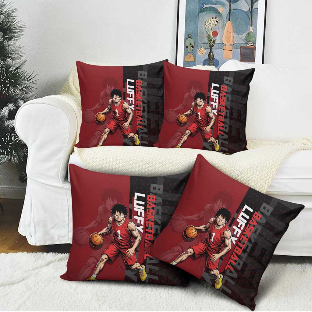 Luffy One Piece Basketball Theme Red and Black Design Pillow Cover with Straw Hat Pirate Logo and Sports Pose - The Mazicc