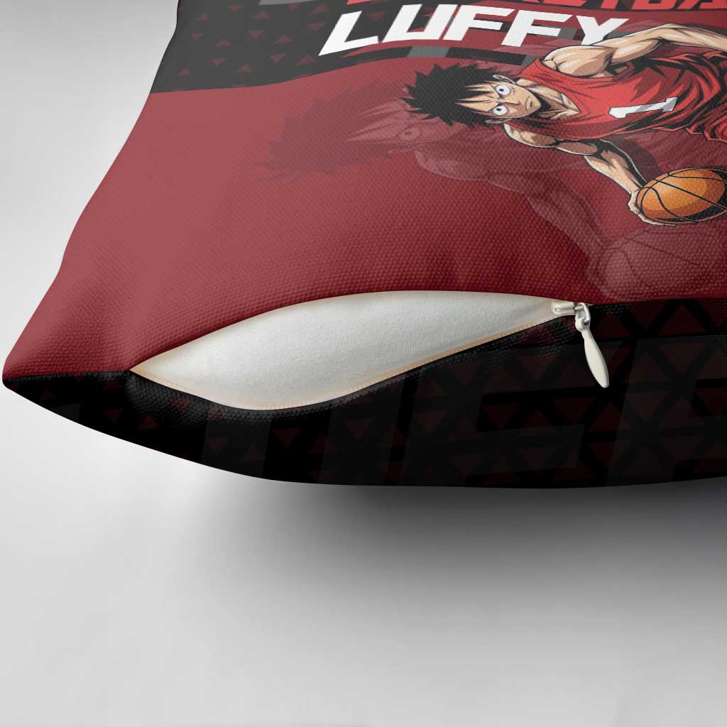 Luffy One Piece Basketball Theme Red and Black Design Pillow Cover with Straw Hat Pirate Logo and Sports Pose - The Mazicc