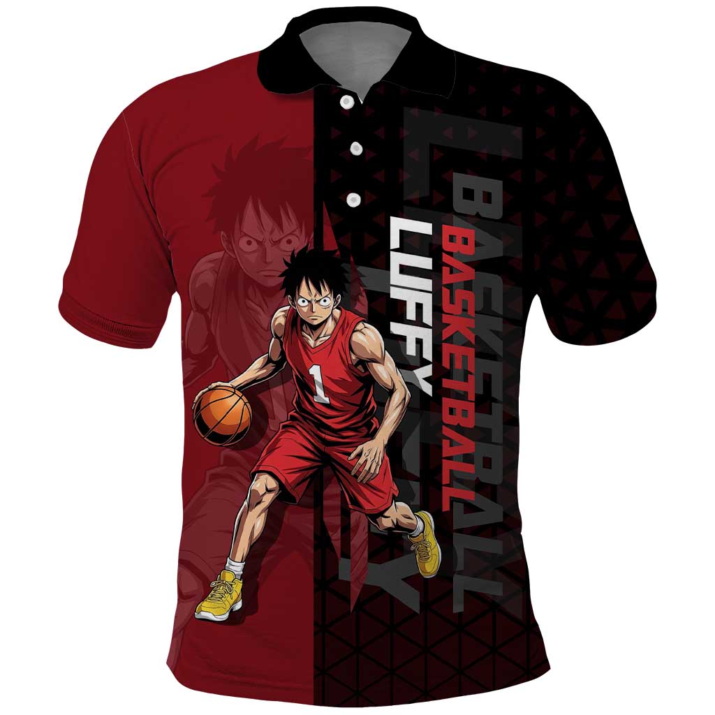 Luffy One Piece Basketball Theme Red and Black Design Polo Shirt with Straw Hat Pirate Logo and Sports Pose - The Mazicc