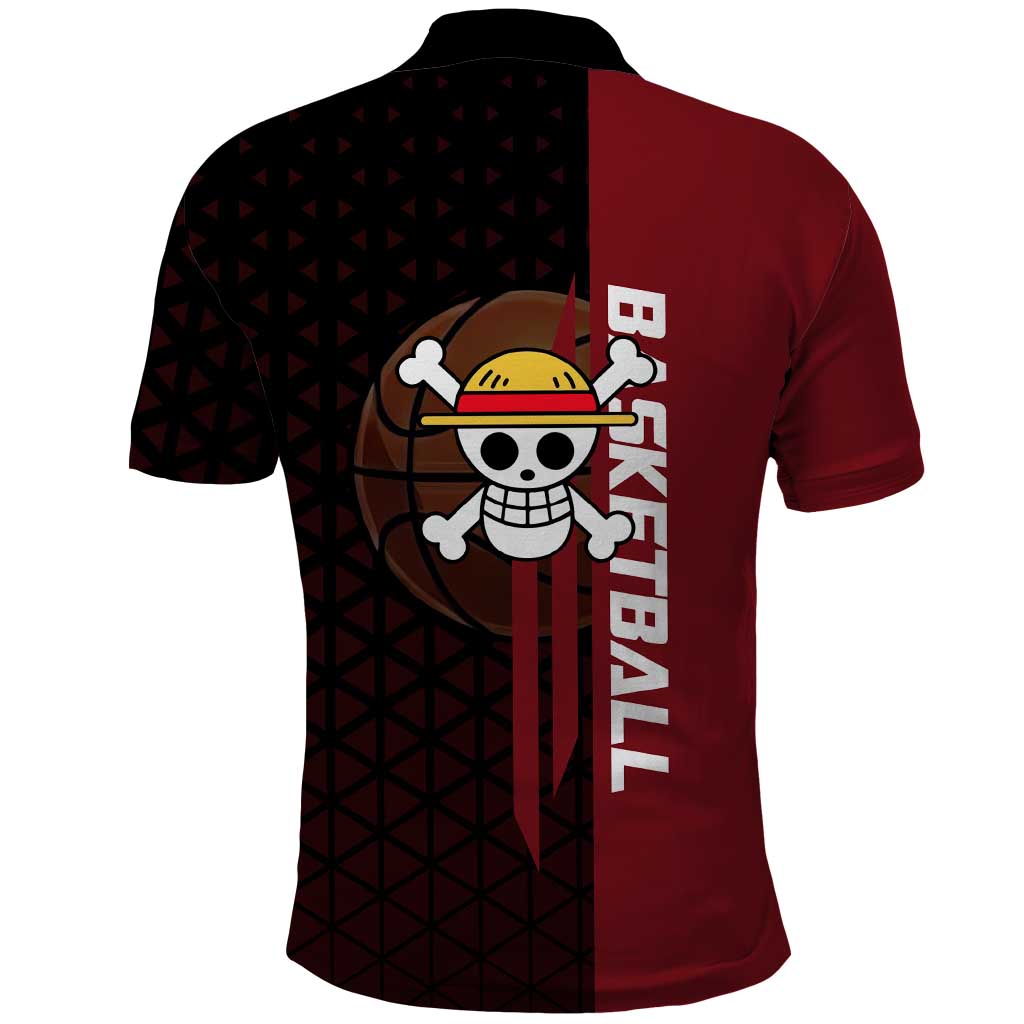 Luffy One Piece Basketball Theme Red and Black Design Polo Shirt with Straw Hat Pirate Logo and Sports Pose - The Mazicc