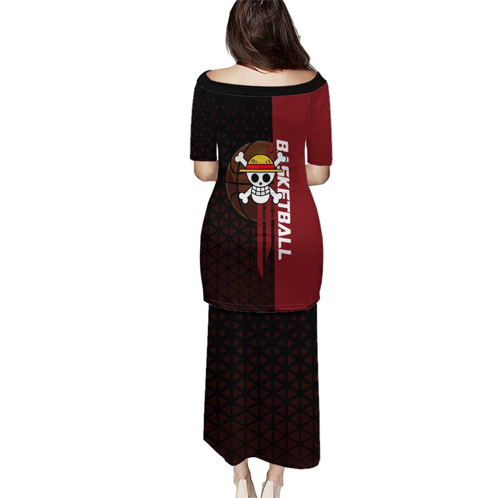 Luffy One Piece Basketball Theme Red and Black Design Puletasi with Straw Hat Pirate Logo and Sports Pose - The Mazicc