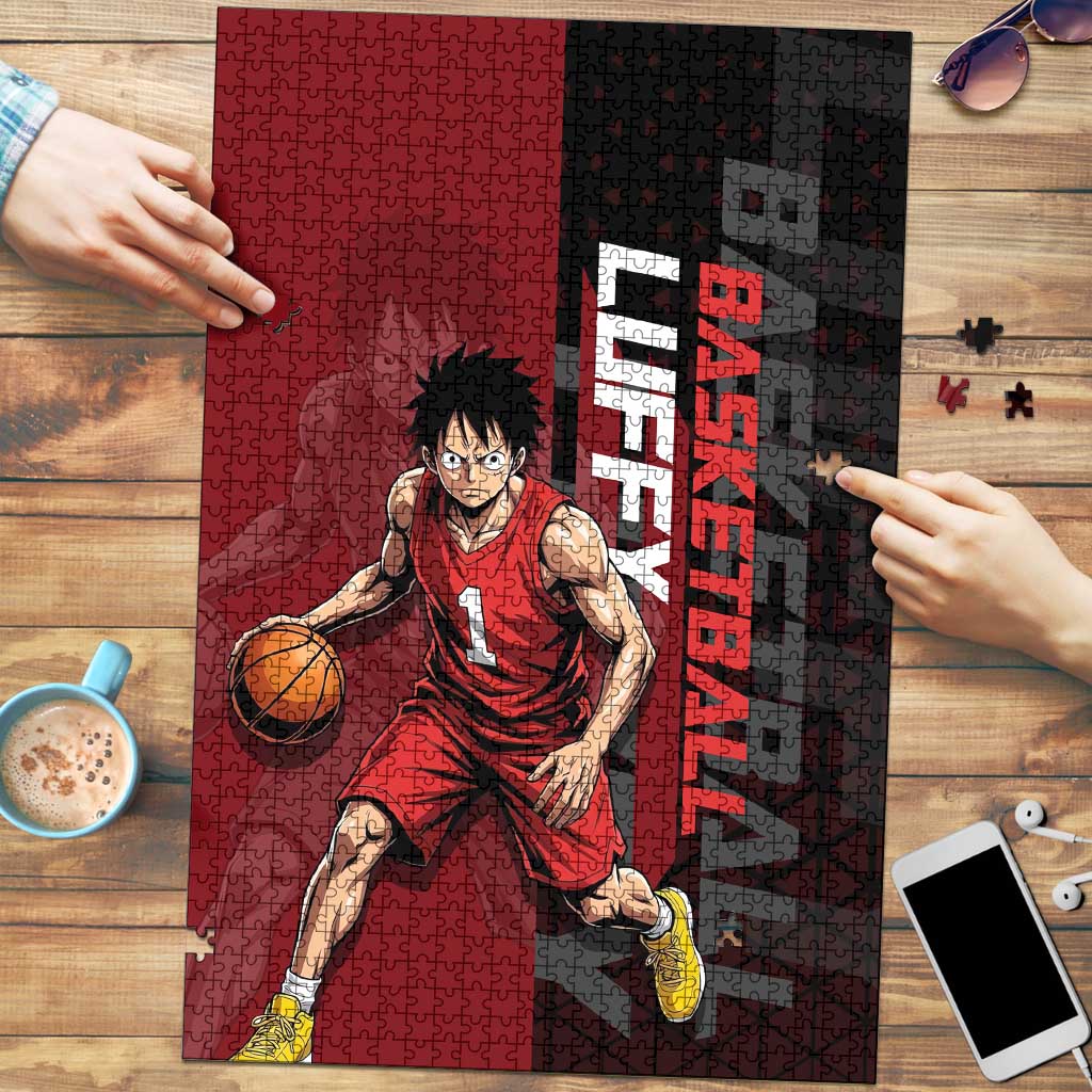 Luffy One Piece Basketball Theme Red and Black Design Puzzle with Straw Hat Pirate Logo and Sports Pose - The Mazicc