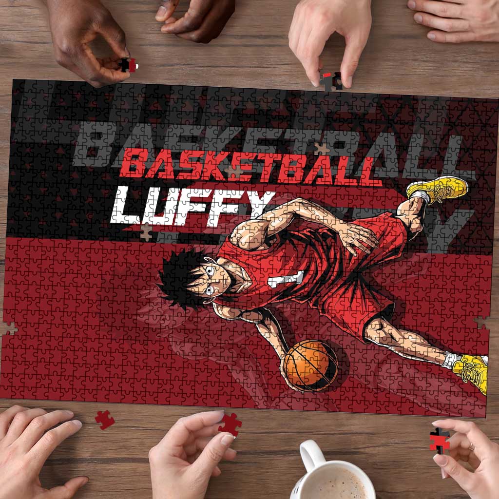 Luffy One Piece Basketball Theme Red and Black Design Puzzle with Straw Hat Pirate Logo and Sports Pose - The Mazicc