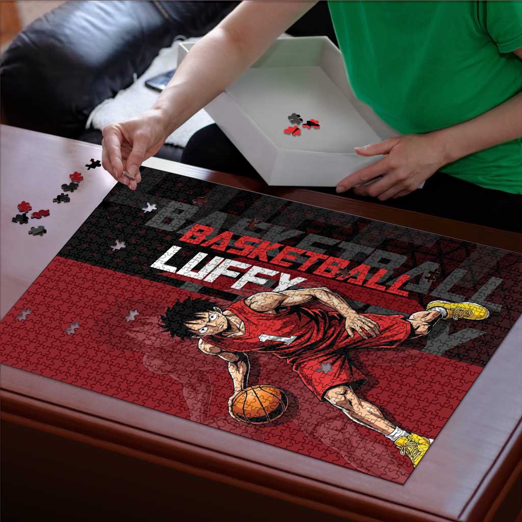 Luffy One Piece Basketball Theme Red and Black Design Puzzle with Straw Hat Pirate Logo and Sports Pose - The Mazicc