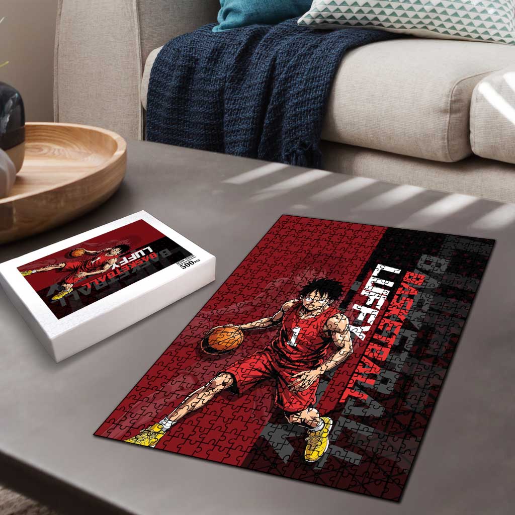 Luffy One Piece Basketball Theme Red and Black Design Puzzle with Straw Hat Pirate Logo and Sports Pose - The Mazicc