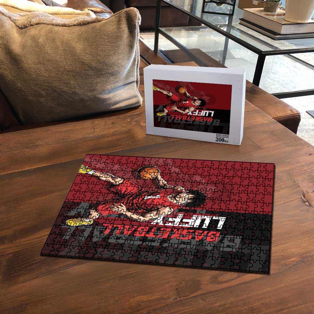 Luffy One Piece Basketball Theme Red and Black Design Puzzle with Straw Hat Pirate Logo and Sports Pose - The Mazicc