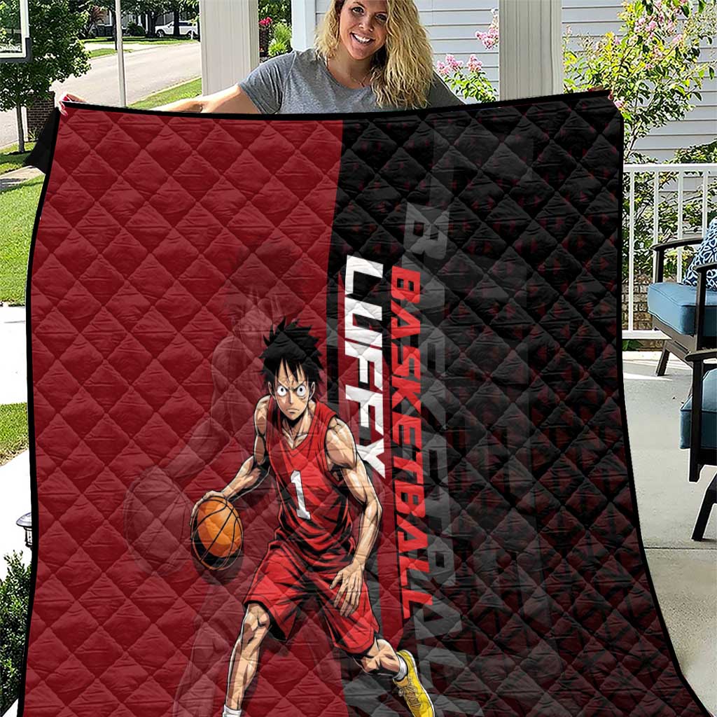 Luffy One Piece Basketball Theme Red and Black Design Quilt with Straw Hat Pirate Logo and Sports Pose - The Mazicc