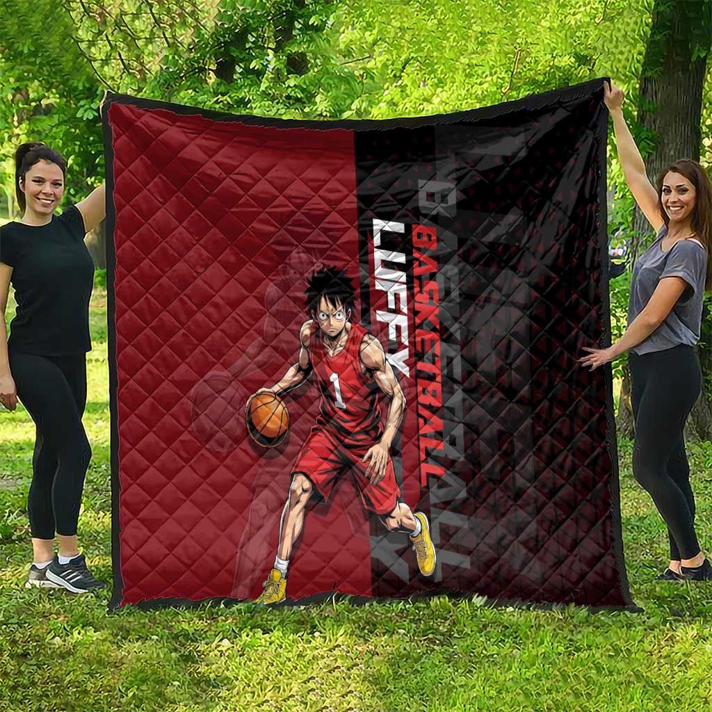 Luffy One Piece Basketball Theme Red and Black Design Quilt with Straw Hat Pirate Logo and Sports Pose - The Mazicc