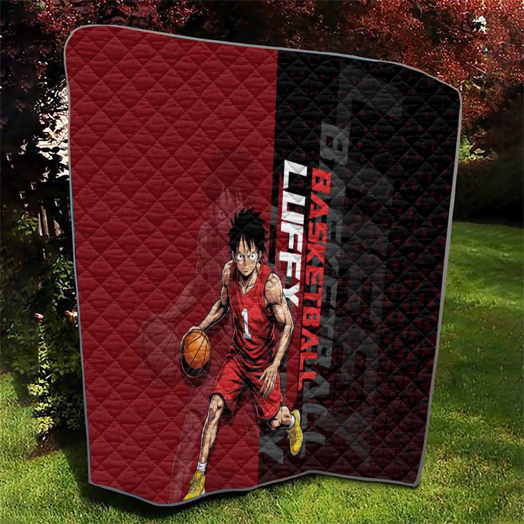 Luffy One Piece Basketball Theme Red and Black Design Quilt with Straw Hat Pirate Logo and Sports Pose - The Mazicc