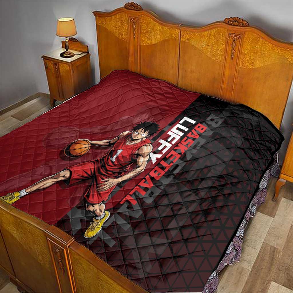 Luffy One Piece Basketball Theme Red and Black Design Quilt with Straw Hat Pirate Logo and Sports Pose - The Mazicc