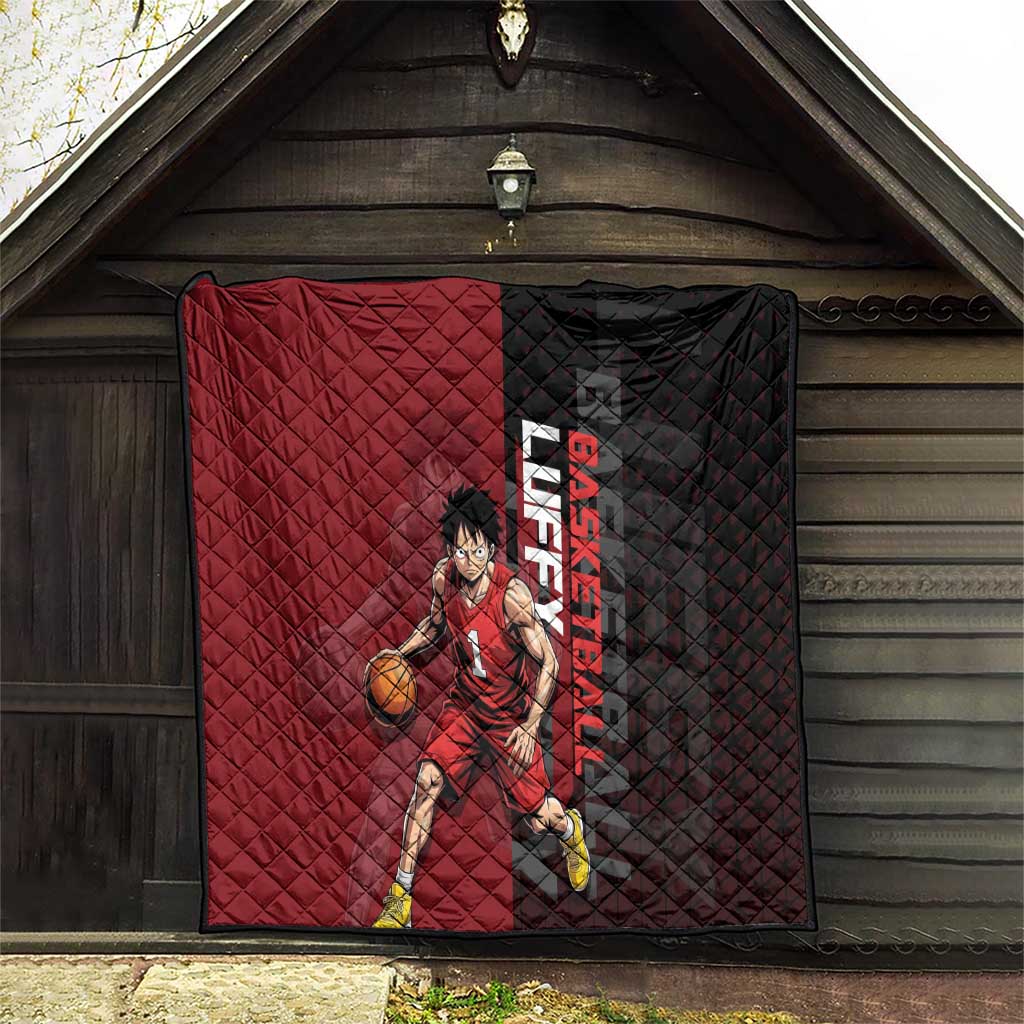 Luffy One Piece Basketball Theme Red and Black Design Quilt with Straw Hat Pirate Logo and Sports Pose - The Mazicc