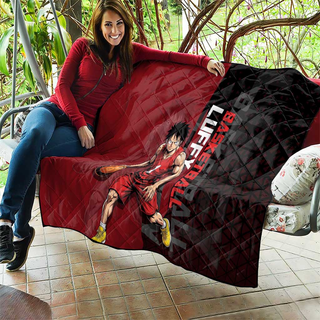 Luffy One Piece Basketball Theme Red and Black Design Quilt with Straw Hat Pirate Logo and Sports Pose - The Mazicc