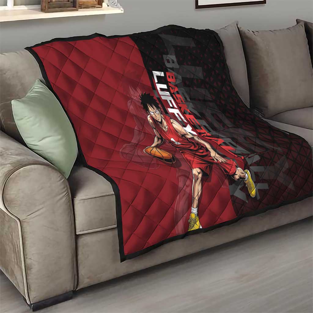 Luffy One Piece Basketball Theme Red and Black Design Quilt with Straw Hat Pirate Logo and Sports Pose - The Mazicc