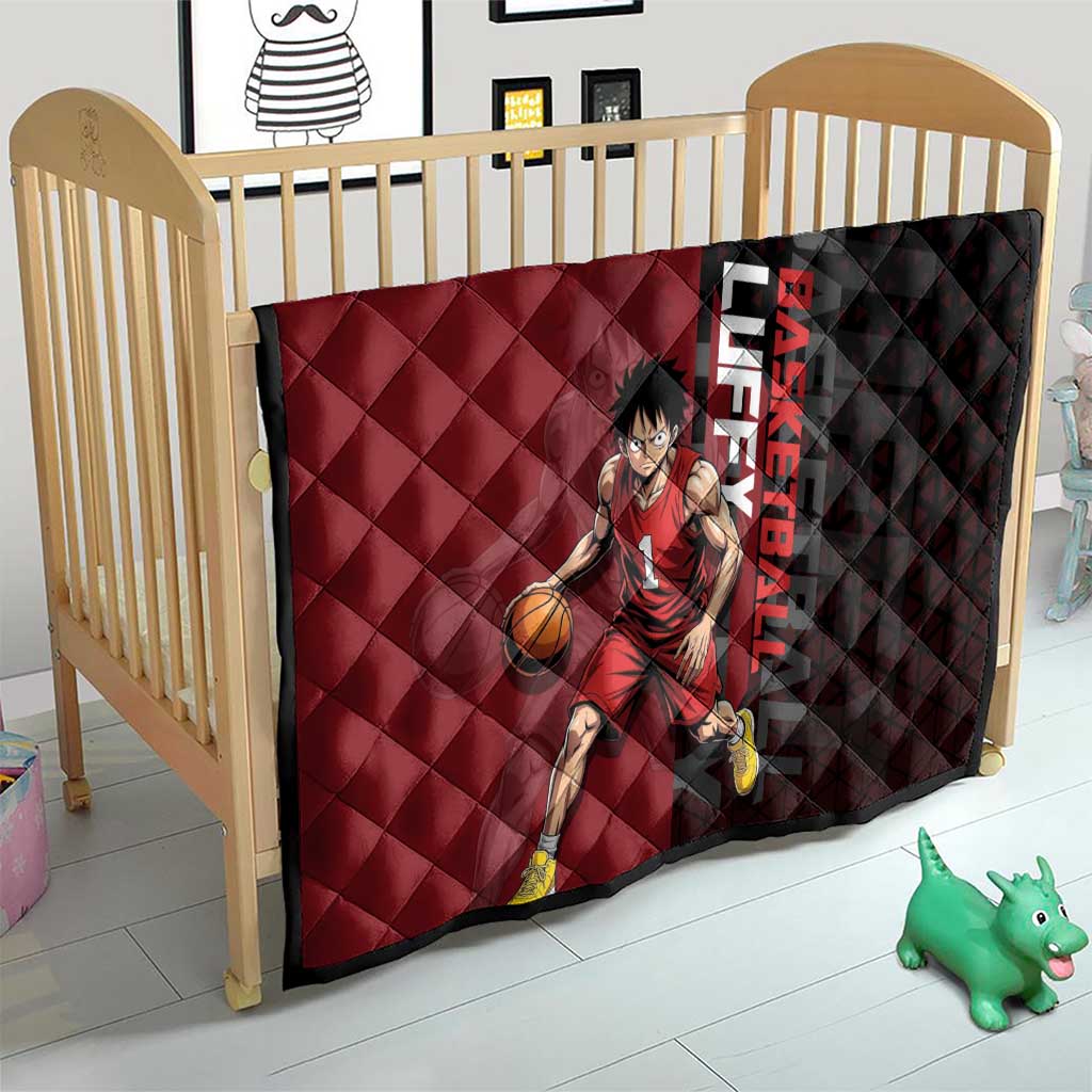 Luffy One Piece Basketball Theme Red and Black Design Quilt with Straw Hat Pirate Logo and Sports Pose - The Mazicc