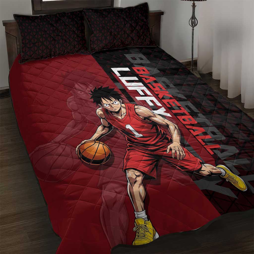 Luffy One Piece Basketball Theme Red and Black Design Quilt Bed Set with Straw Hat Pirate Logo and Sports Pose - The Mazicc