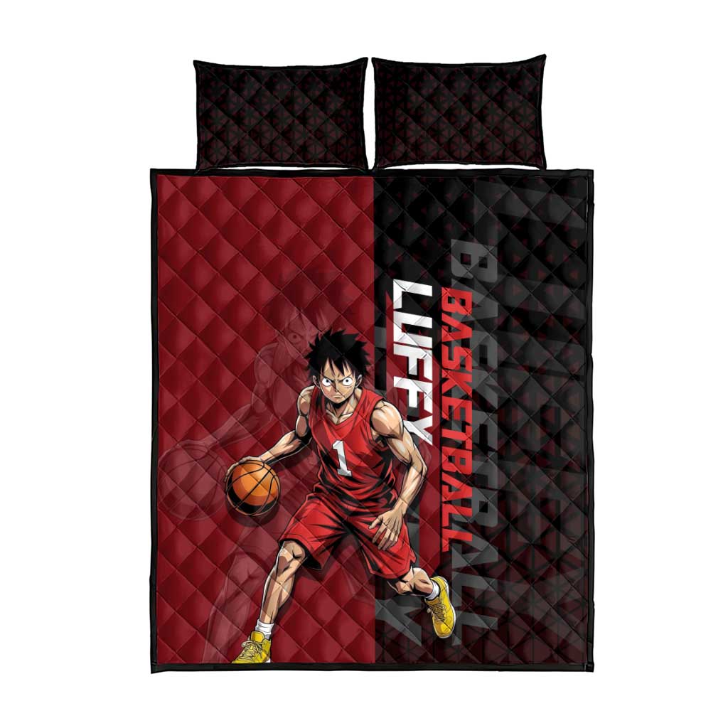 Luffy One Piece Basketball Theme Red and Black Design Quilt Bed Set with Straw Hat Pirate Logo and Sports Pose - The Mazicc