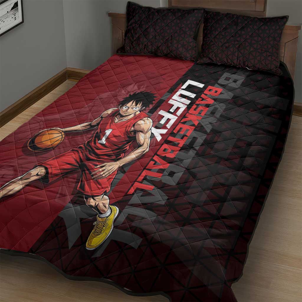 Luffy One Piece Basketball Theme Red and Black Design Quilt Bed Set with Straw Hat Pirate Logo and Sports Pose - The Mazicc