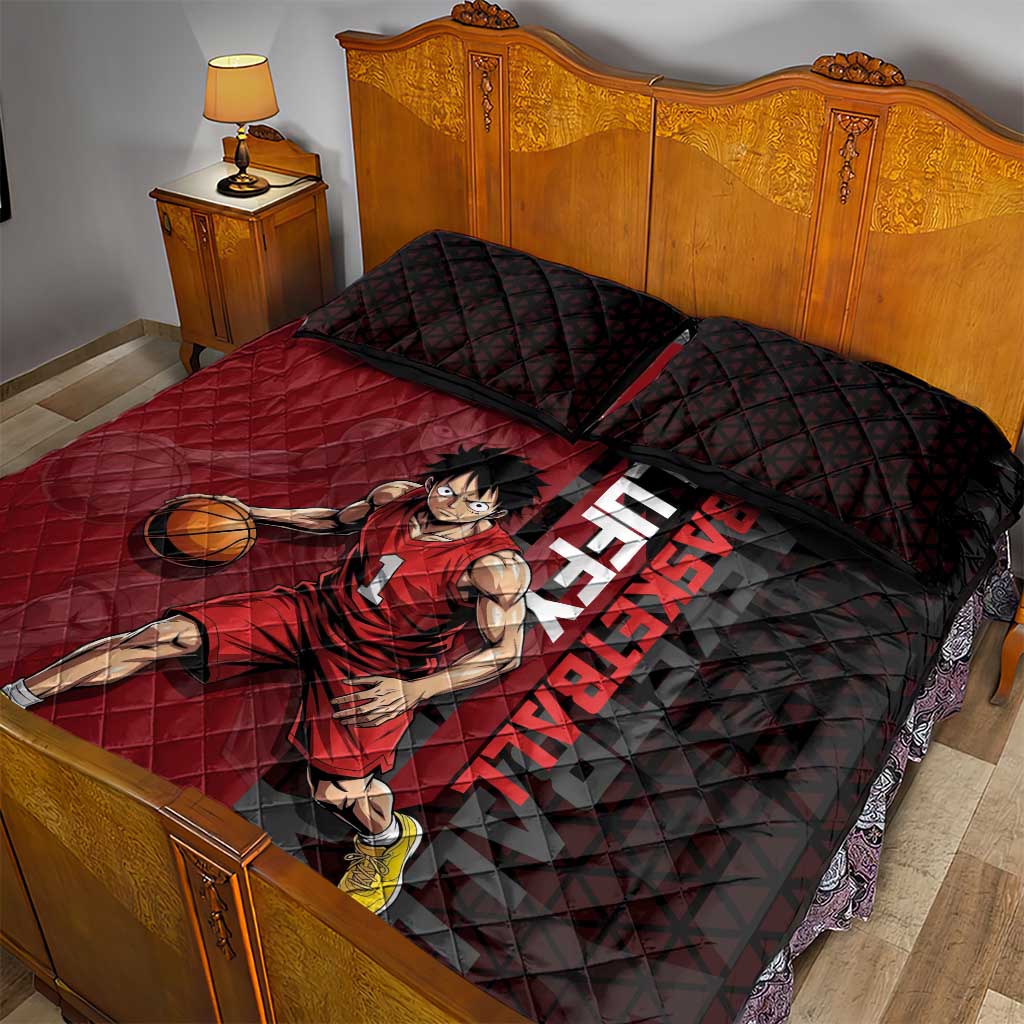 Luffy One Piece Basketball Theme Red and Black Design Quilt Bed Set with Straw Hat Pirate Logo and Sports Pose - The Mazicc
