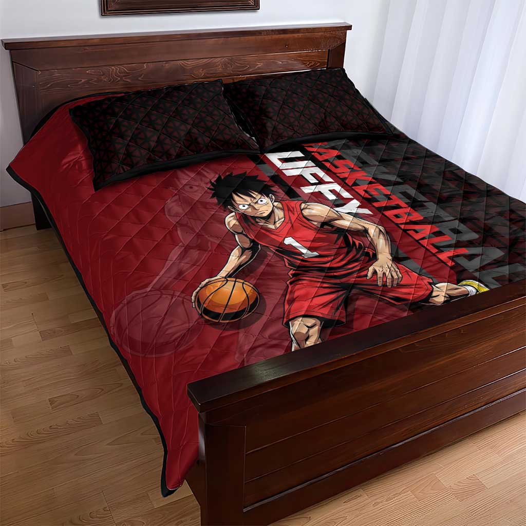 Luffy One Piece Basketball Theme Red and Black Design Quilt Bed Set with Straw Hat Pirate Logo and Sports Pose - The Mazicc
