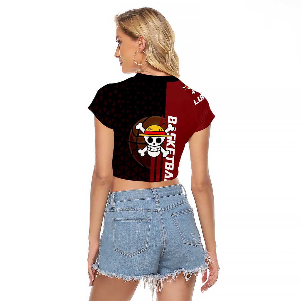 Luffy One Piece Basketball Theme Red and Black Design Raglan Cropped T Shirt with Straw Hat Pirate Logo and Sports Pose - The Mazicc