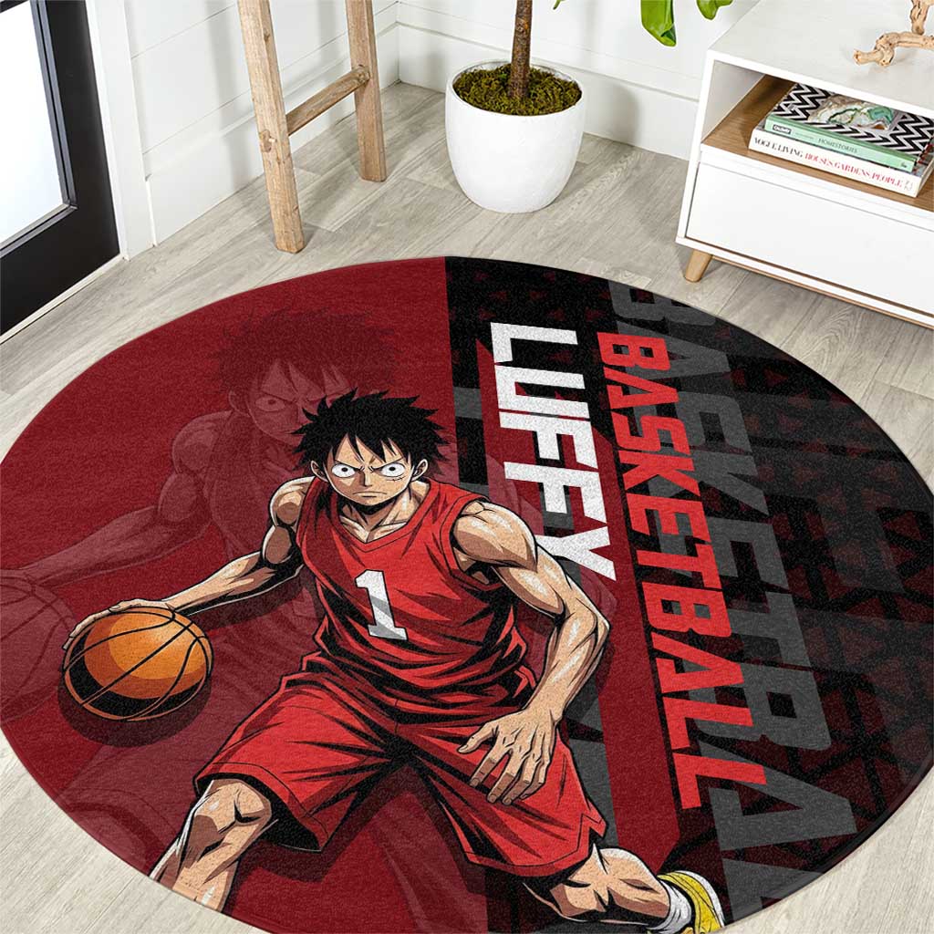 Luffy One Piece Basketball Theme Red and Black Design Round Carpet with Straw Hat Pirate Logo and Sports Pose - The Mazicc