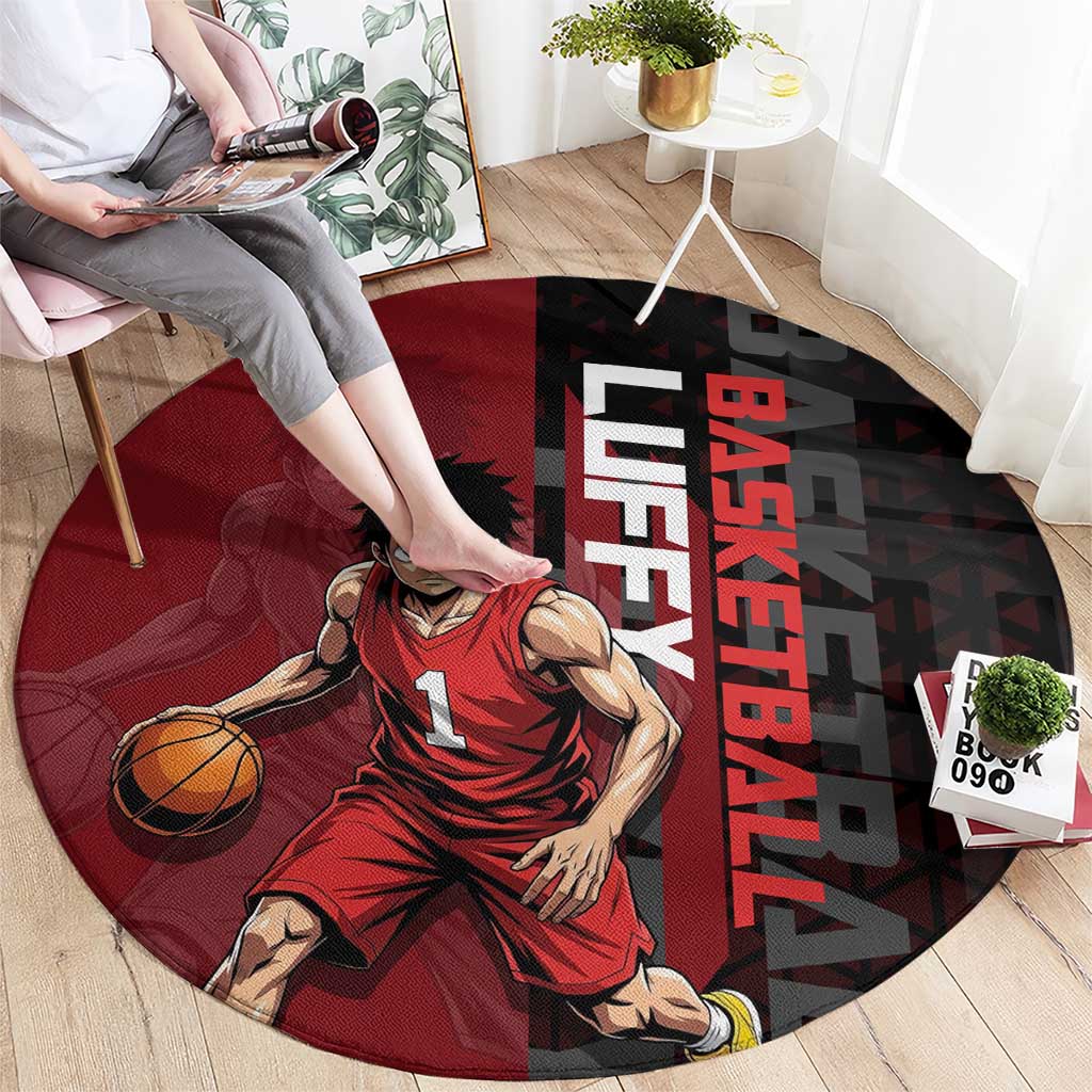 Luffy One Piece Basketball Theme Red and Black Design Round Carpet with Straw Hat Pirate Logo and Sports Pose - The Mazicc