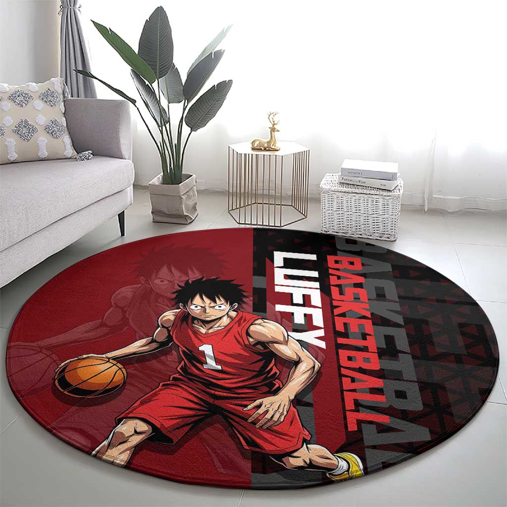 Luffy One Piece Basketball Theme Red and Black Design Round Carpet with Straw Hat Pirate Logo and Sports Pose - The Mazicc