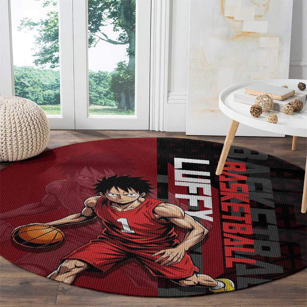 Luffy One Piece Basketball Theme Red and Black Design Round Carpet with Straw Hat Pirate Logo and Sports Pose - The Mazicc