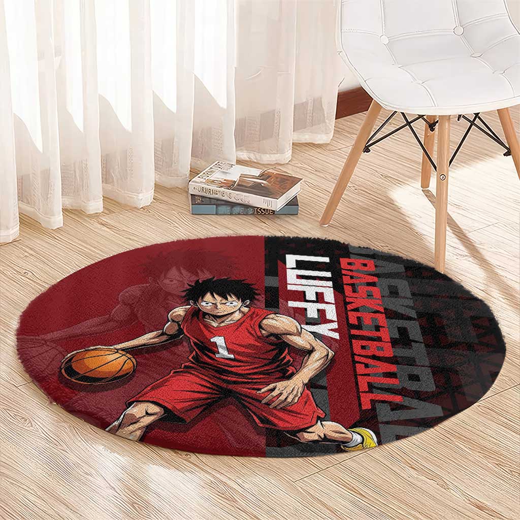 Luffy One Piece Basketball Theme Red and Black Design Round Carpet with Straw Hat Pirate Logo and Sports Pose - The Mazicc