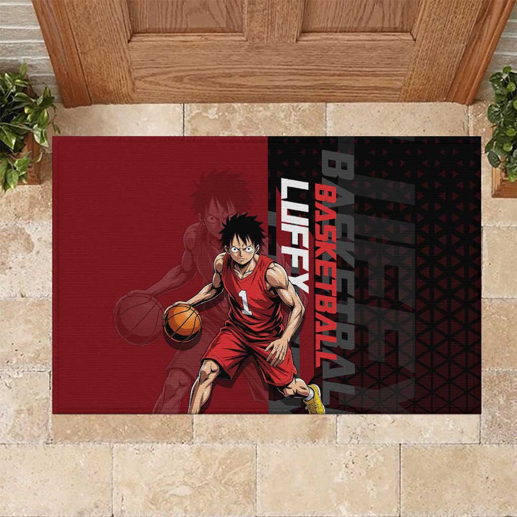 Luffy One Piece Basketball Theme Red and Black Design Rubber Doormat with Straw Hat Pirate Logo and Sports Pose - The Mazicc
