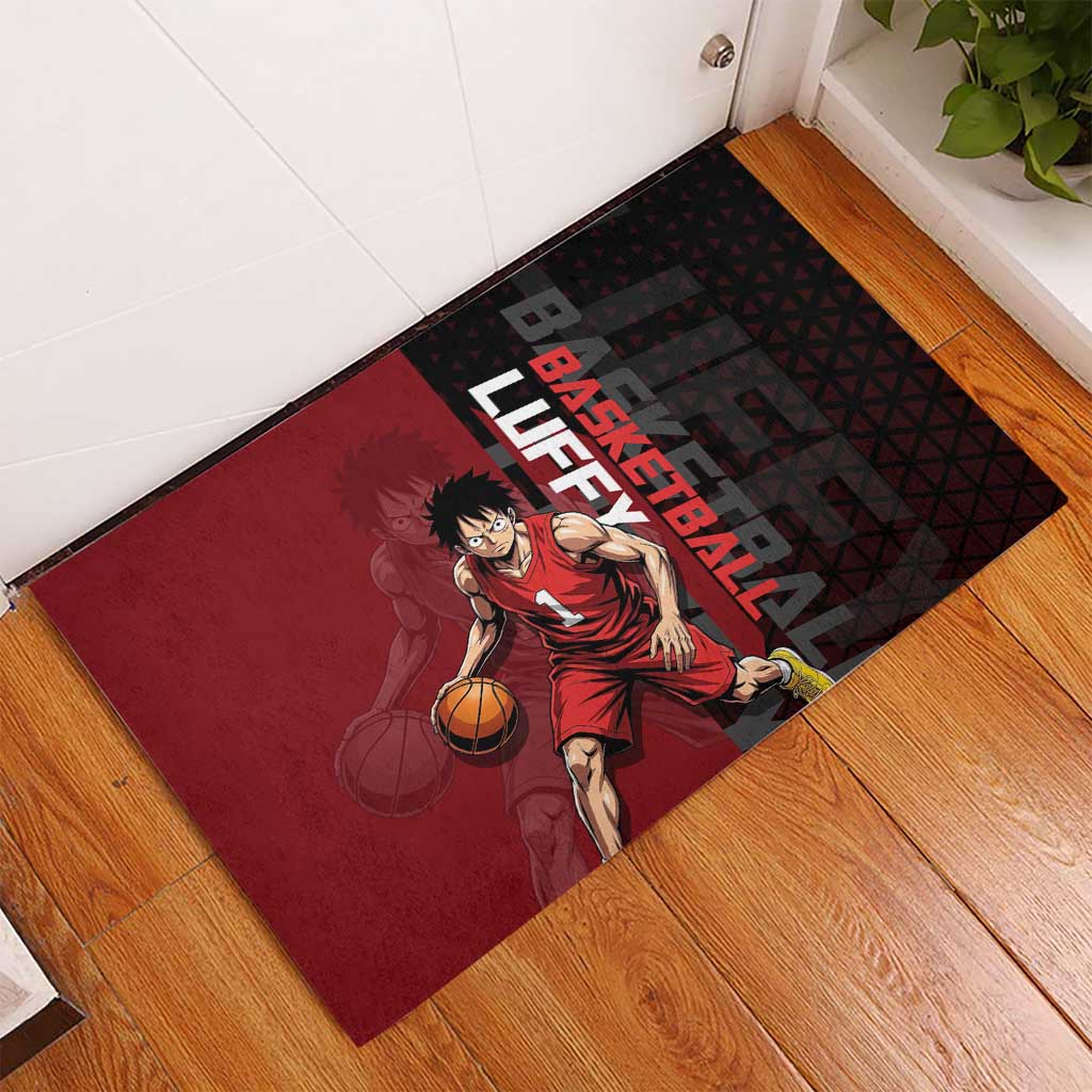 Luffy One Piece Basketball Theme Red and Black Design Rubber Doormat with Straw Hat Pirate Logo and Sports Pose - The Mazicc