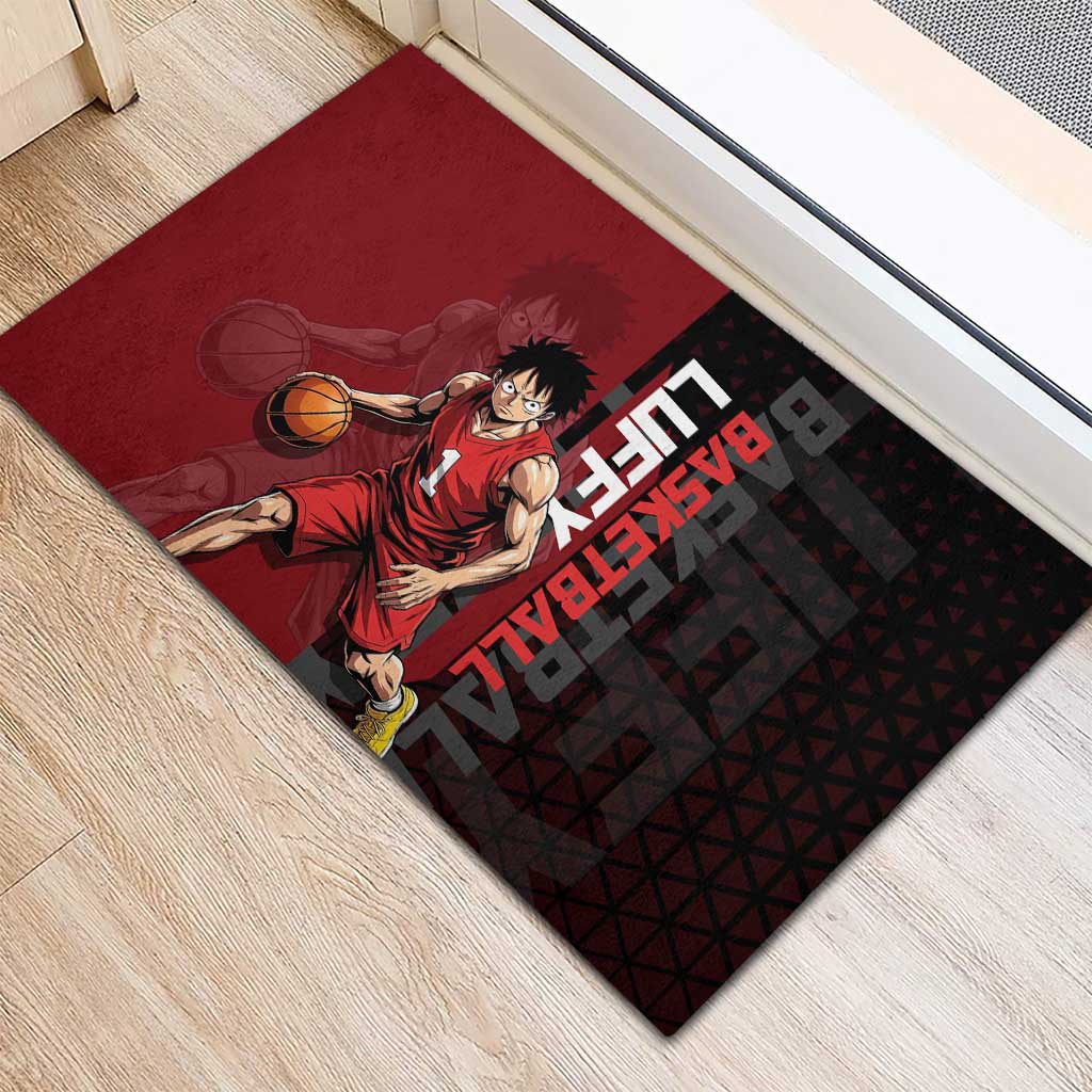 Luffy One Piece Basketball Theme Red and Black Design Rubber Doormat with Straw Hat Pirate Logo and Sports Pose - The Mazicc
