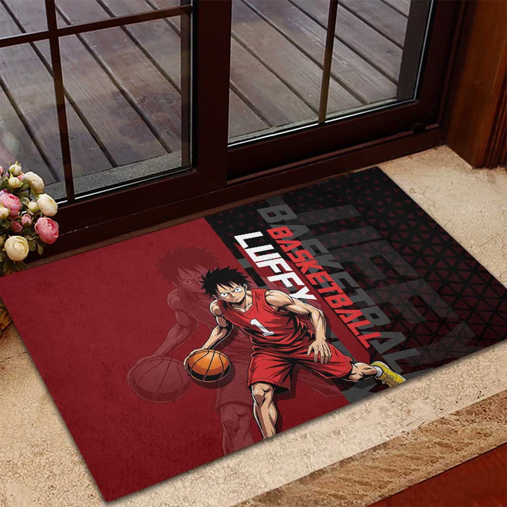 Luffy One Piece Basketball Theme Red and Black Design Rubber Doormat with Straw Hat Pirate Logo and Sports Pose - The Mazicc