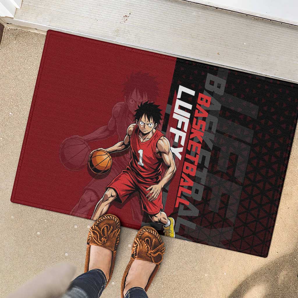 Luffy One Piece Basketball Theme Red and Black Design Rubber Doormat with Straw Hat Pirate Logo and Sports Pose - The Mazicc