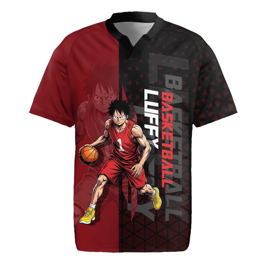 Luffy One Piece Basketball Theme Red and Black Design Rugby Jersey with Straw Hat Pirate Logo and Sports Pose - The Mazicc