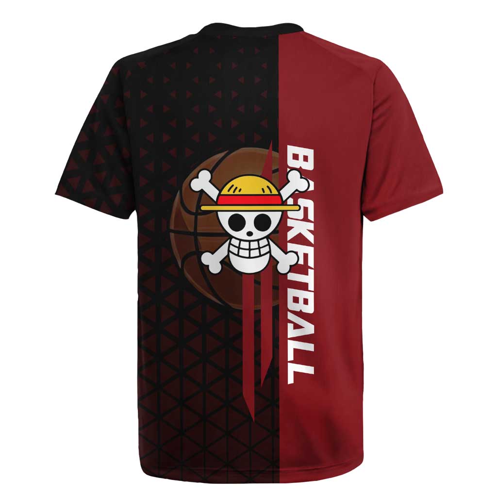 Luffy One Piece Basketball Theme Red and Black Design Rugby Jersey with Straw Hat Pirate Logo and Sports Pose - The Mazicc