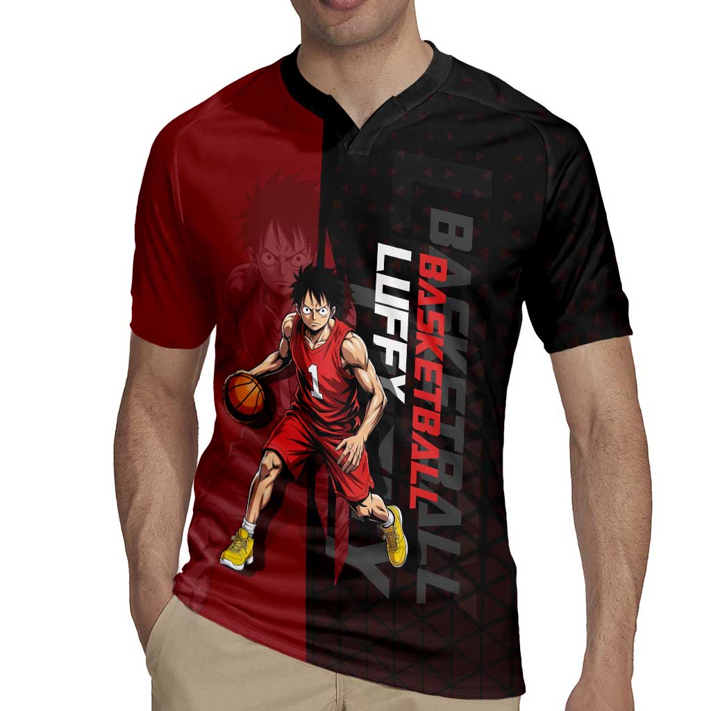 Luffy One Piece Basketball Theme Red and Black Design Rugby Jersey with Straw Hat Pirate Logo and Sports Pose - The Mazicc