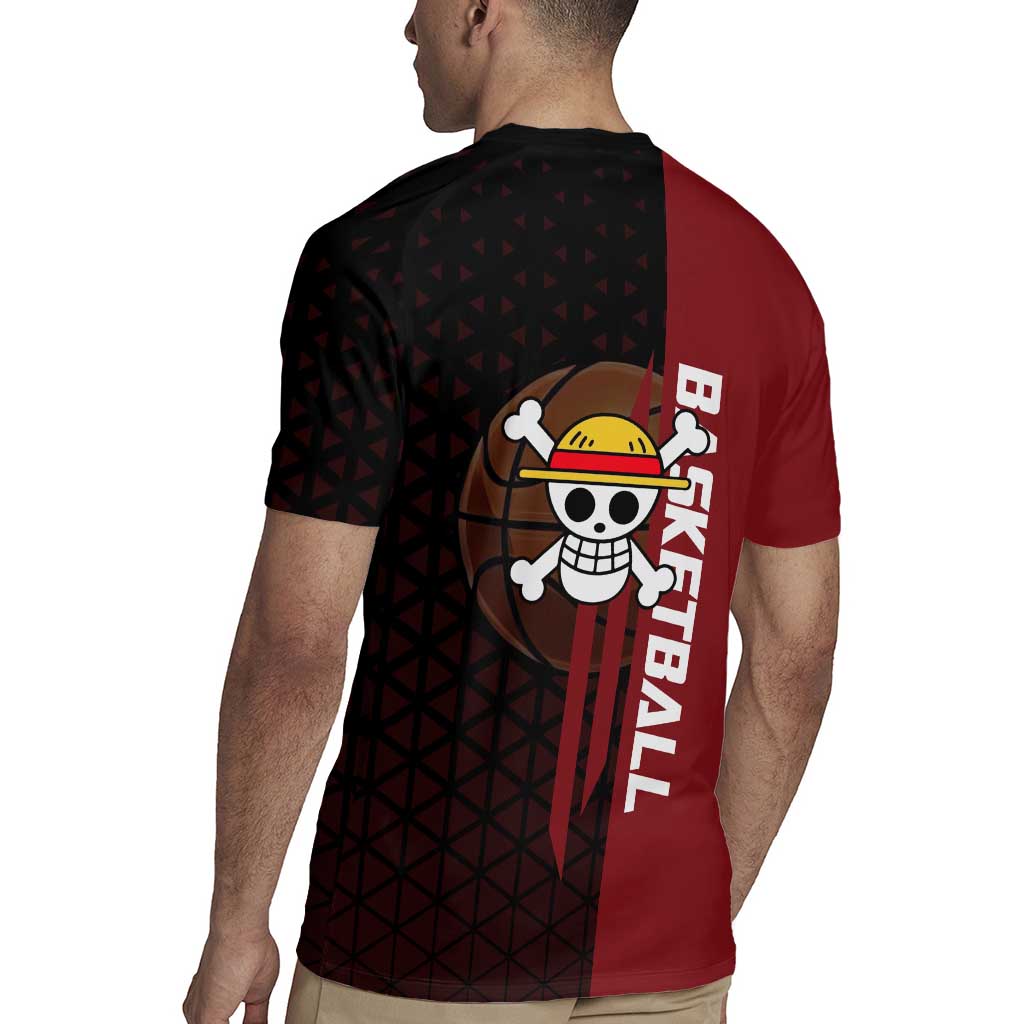 Luffy One Piece Basketball Theme Red and Black Design Rugby Jersey with Straw Hat Pirate Logo and Sports Pose - The Mazicc