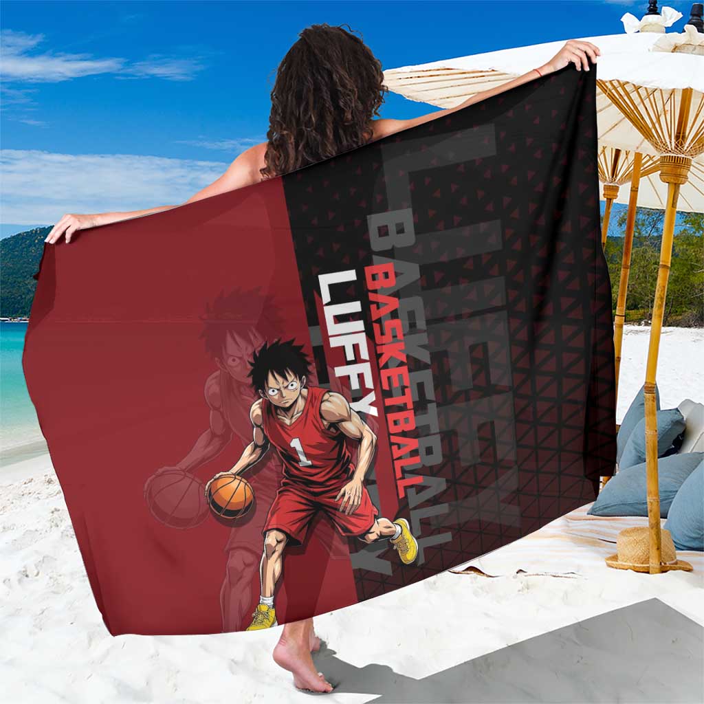 Luffy One Piece Basketball Theme Red and Black Design Sarong with Straw Hat Pirate Logo and Sports Pose - The Mazicc