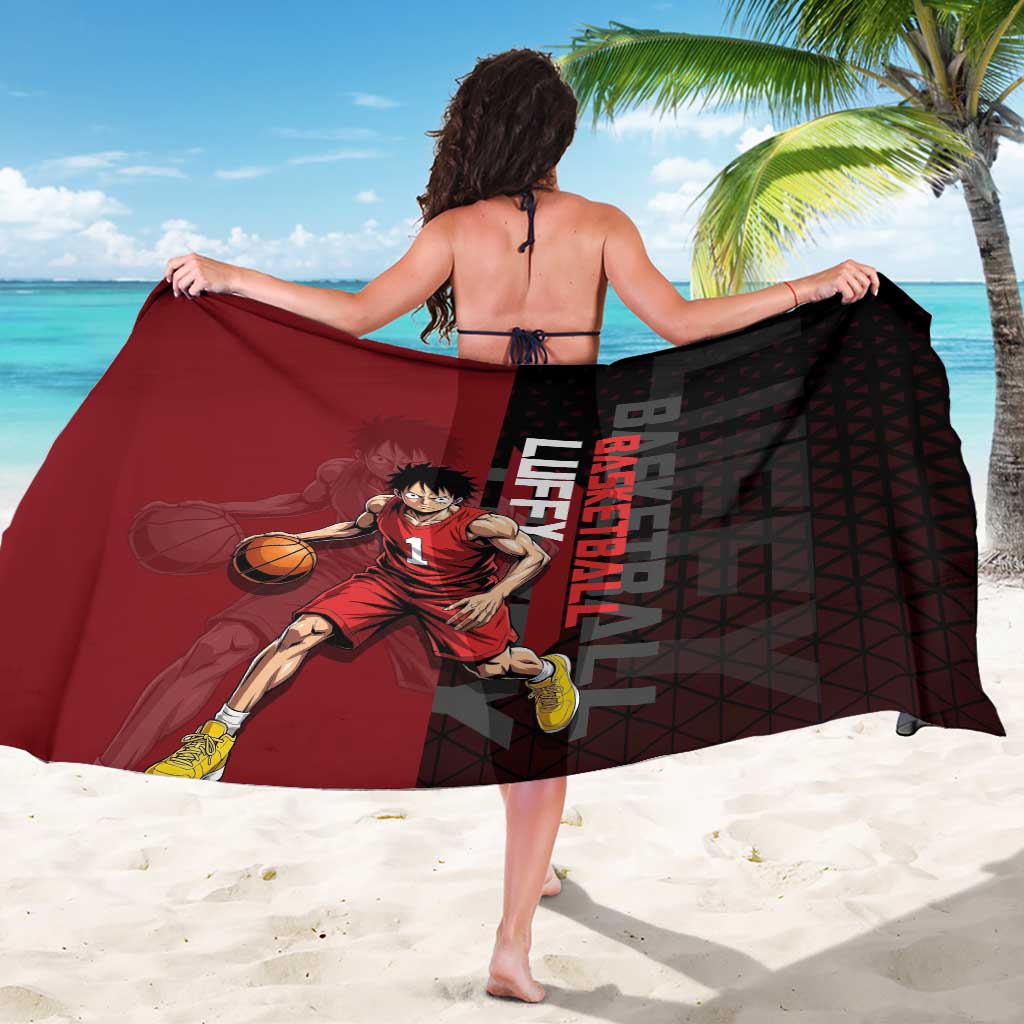 Luffy One Piece Basketball Theme Red and Black Design Sarong with Straw Hat Pirate Logo and Sports Pose - The Mazicc