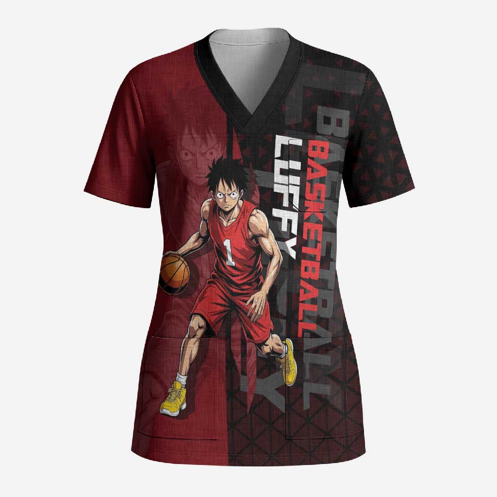 Luffy One Piece Basketball Theme Red and Black Design Scrub Top with Straw Hat Pirate Logo and Sports Pose - The Mazicc
