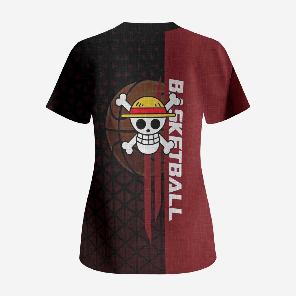 Luffy One Piece Basketball Theme Red and Black Design Scrub Top with Straw Hat Pirate Logo and Sports Pose - The Mazicc