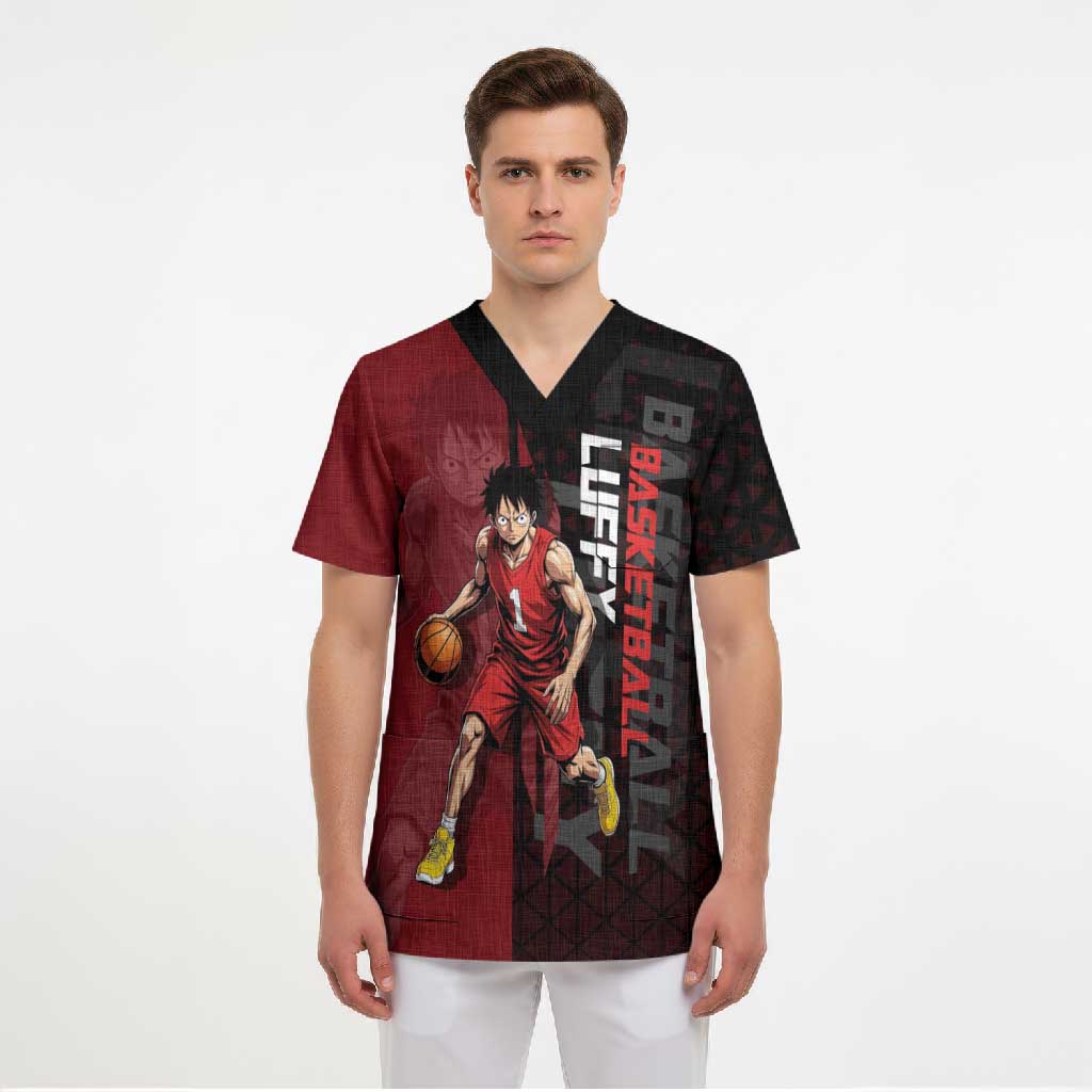 Luffy One Piece Basketball Theme Red and Black Design Scrub Top with Straw Hat Pirate Logo and Sports Pose - The Mazicc