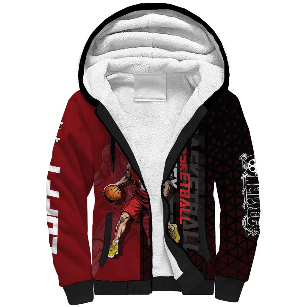 Luffy One Piece Basketball Theme Red and Black Design Sherpa Hoodie with Straw Hat Pirate Logo and Sports Pose - The Mazicc