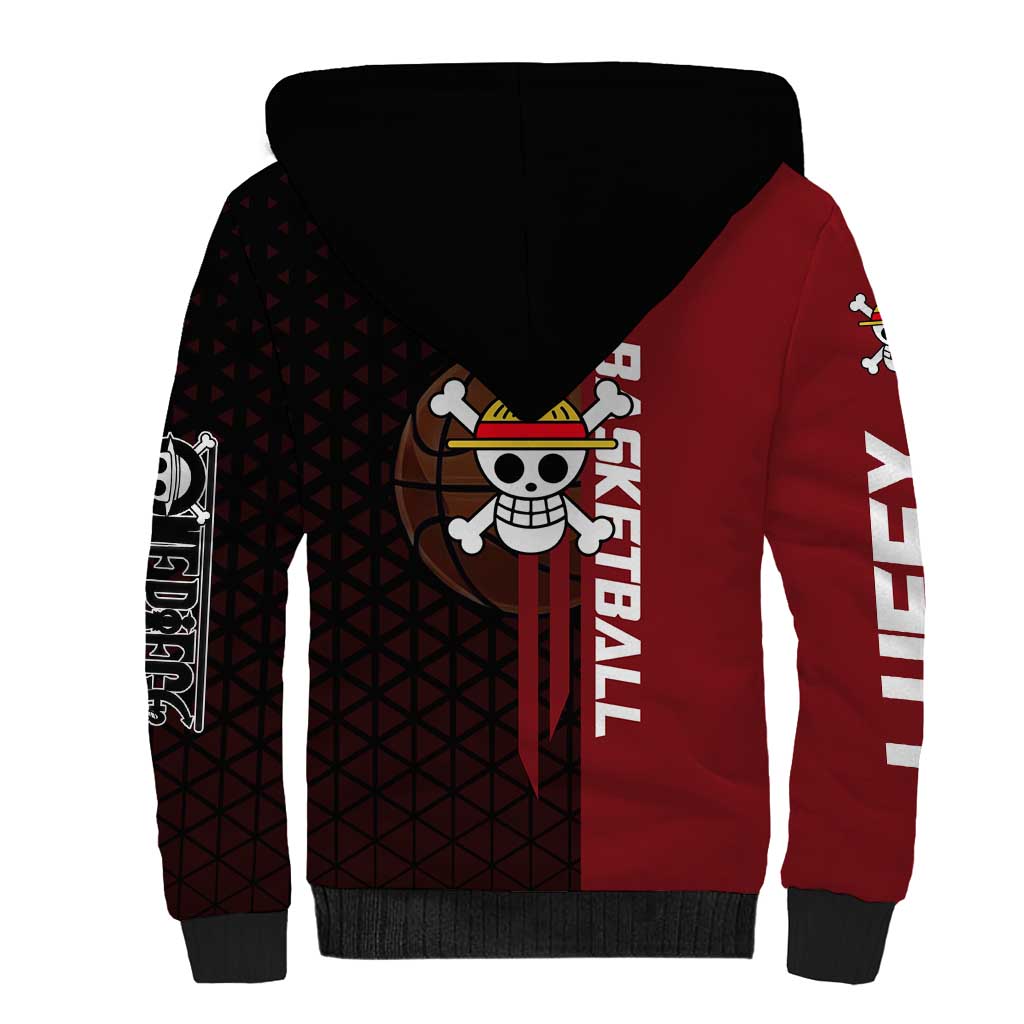 Luffy One Piece Basketball Theme Red and Black Design Sherpa Hoodie with Straw Hat Pirate Logo and Sports Pose - The Mazicc